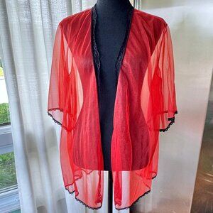Vintage 1970s open peignoir, red, black lace trim, half length kimono sleeves